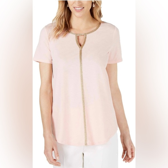 JM Collection Peach Metallic Keyhole Top size 1X - Picture 1 of 8